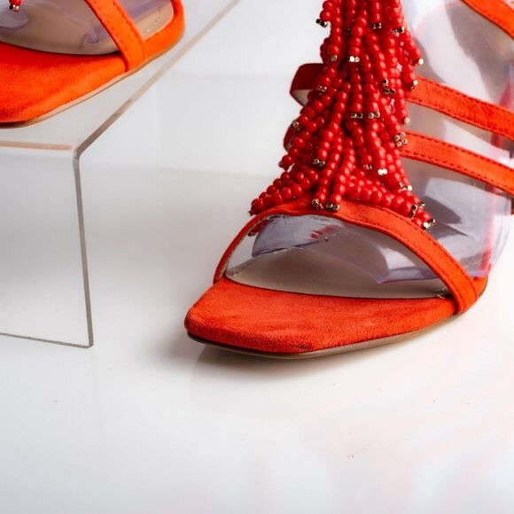 Boden Womens Suede Sandals Heels Orange Strappy Beaded Open Toe US 7 EU 38 - Picture 7 of 11